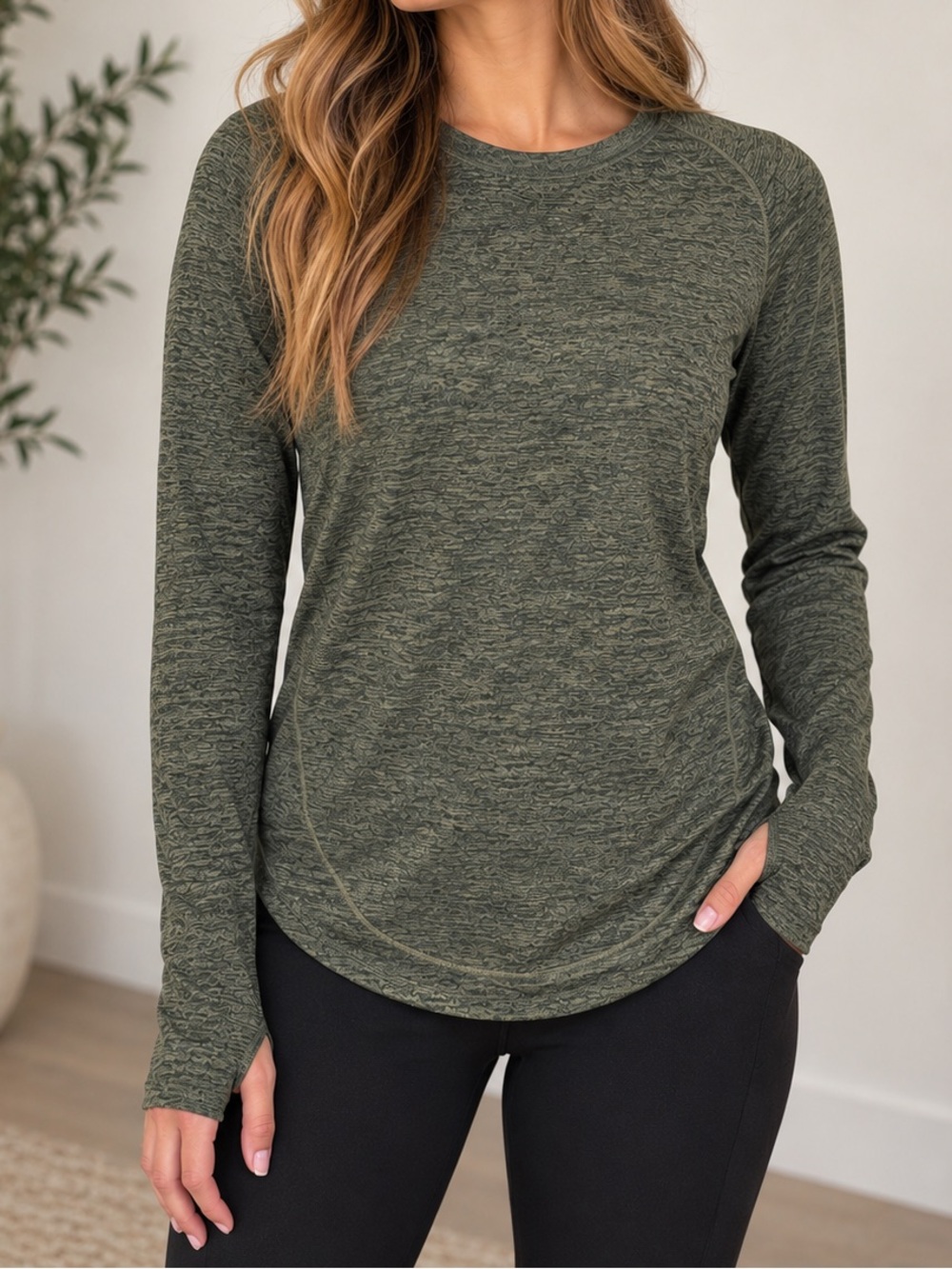 Athleta Olive Green Long Sleeve Top XS Thumbholes Athletic Running Shirt